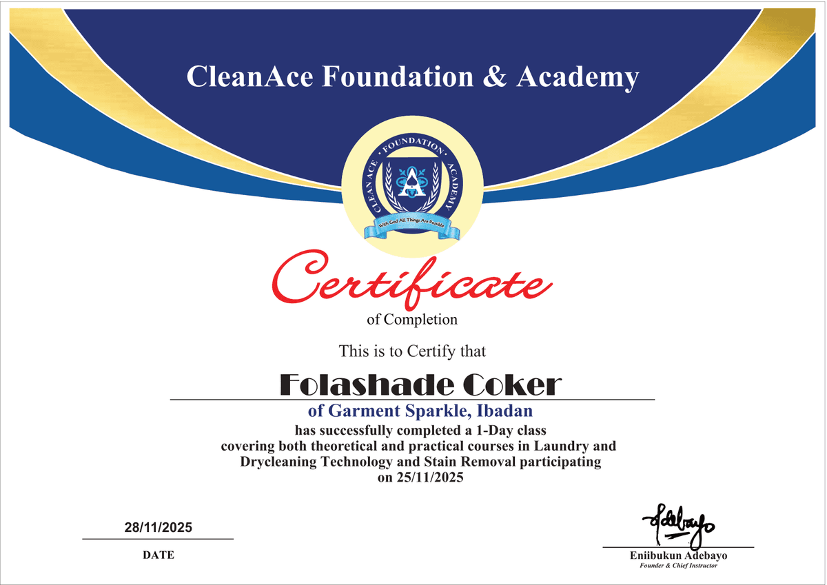 Certificate of completion in laundry and dry-cleaning technology